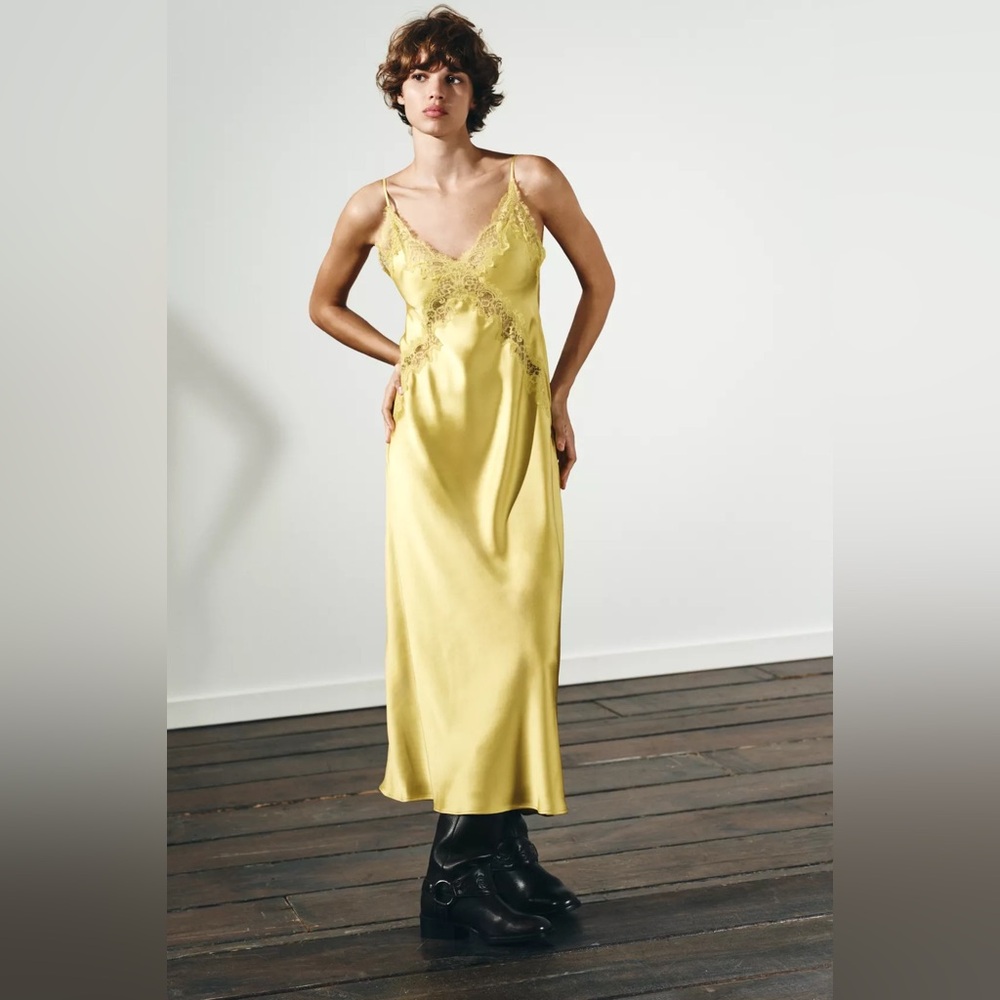 Zara Lace-Trim Slip Satin Maxi Dress in Mustard Chartreuse Yellow - Picture 15 of 15